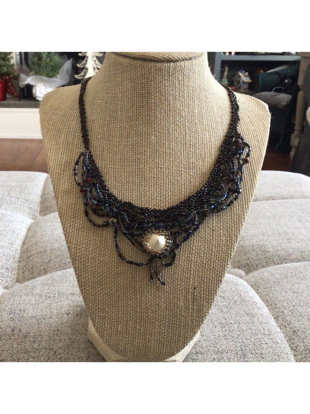 Handmade Brown Beaded Necklace | Freeform Embroidered Mixed Stones